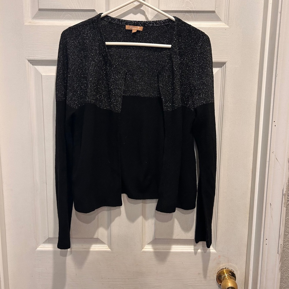 Kier + J Womens Merino Open Cardigan Sweater Black Metallic Knit‎ Long Sleeve L